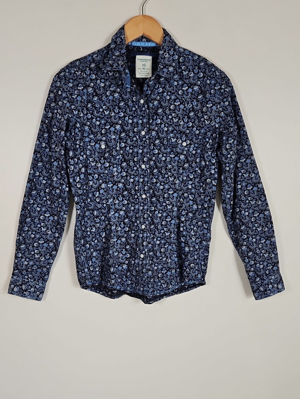 Panhandle 100% Cotton Pearl Snap Blouse XS Blue Floral Cowgirl Rodeo